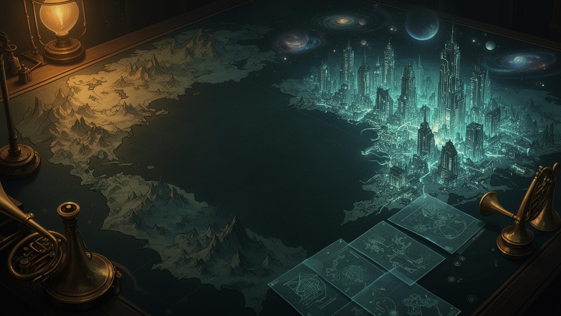 A glowing map table linking fantastical lands with futuristic cities and star systems.